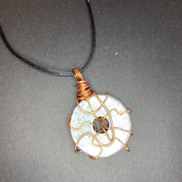 Copper Wire Wrapped Hammered Stainless Steel Washer Pendant on Satin Cord - Picture 6 of 9